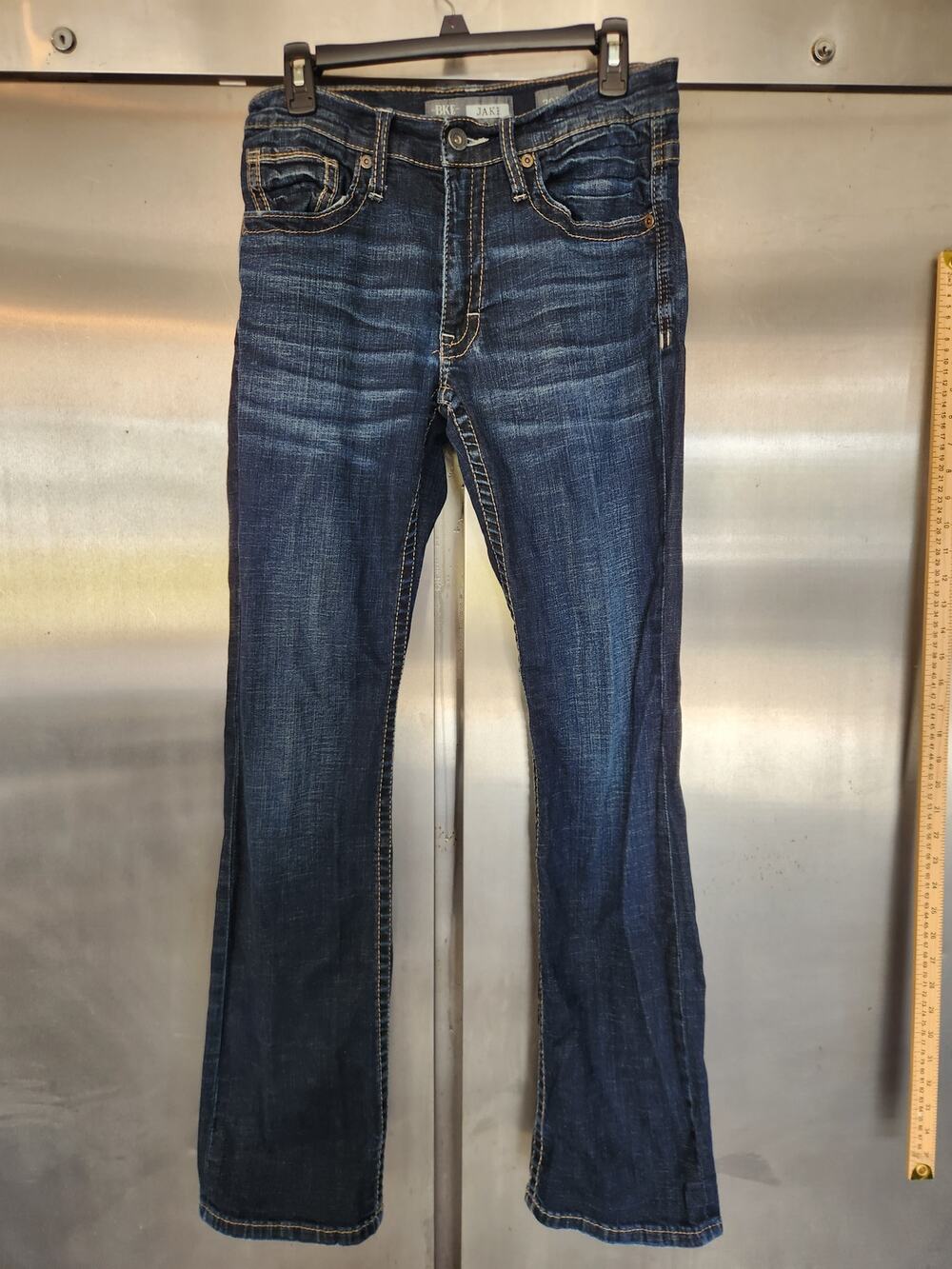 BKE Mens Jake Bootleg Jeans 30L Dark Wash Blue Thick Stitch Buckle Stretch Denim